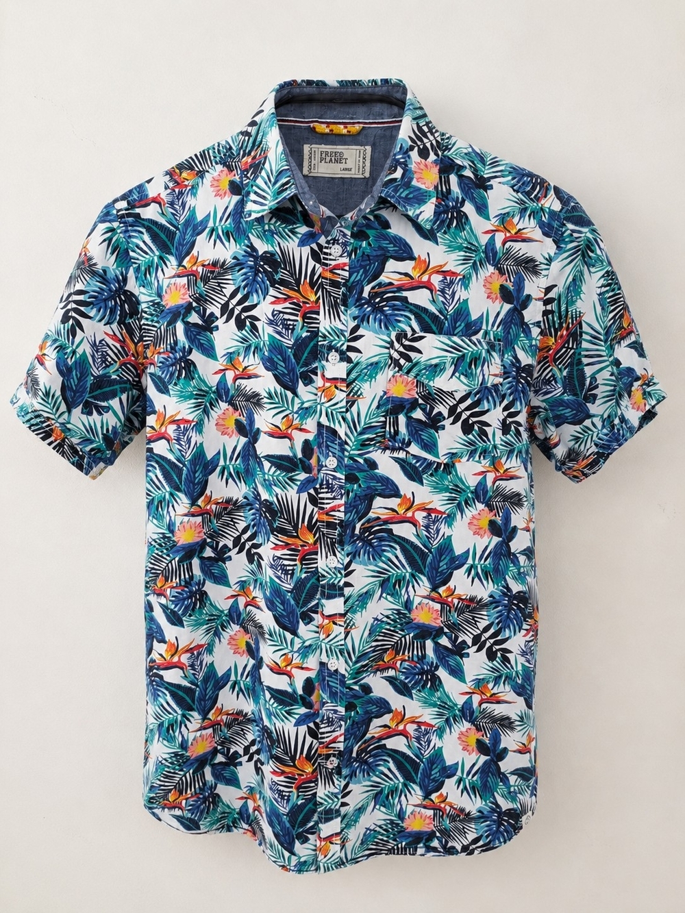 Free Planet Men’s L Hawaiian Shirt Tropical Floral Palm 100% Cotton Camp Shirt